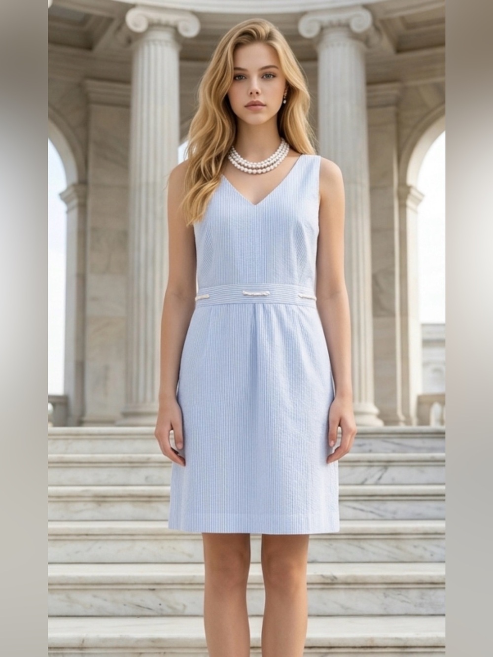Tommy Hilfiger Light Blue V-Neck Midi Shift Dress